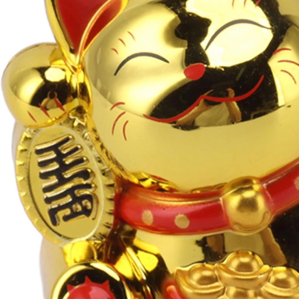 🎂 (Plaque) Solar Powered Lucky Gold Cat Waving Arm Welcoming Wealth Fortune - Picture 3 of 7